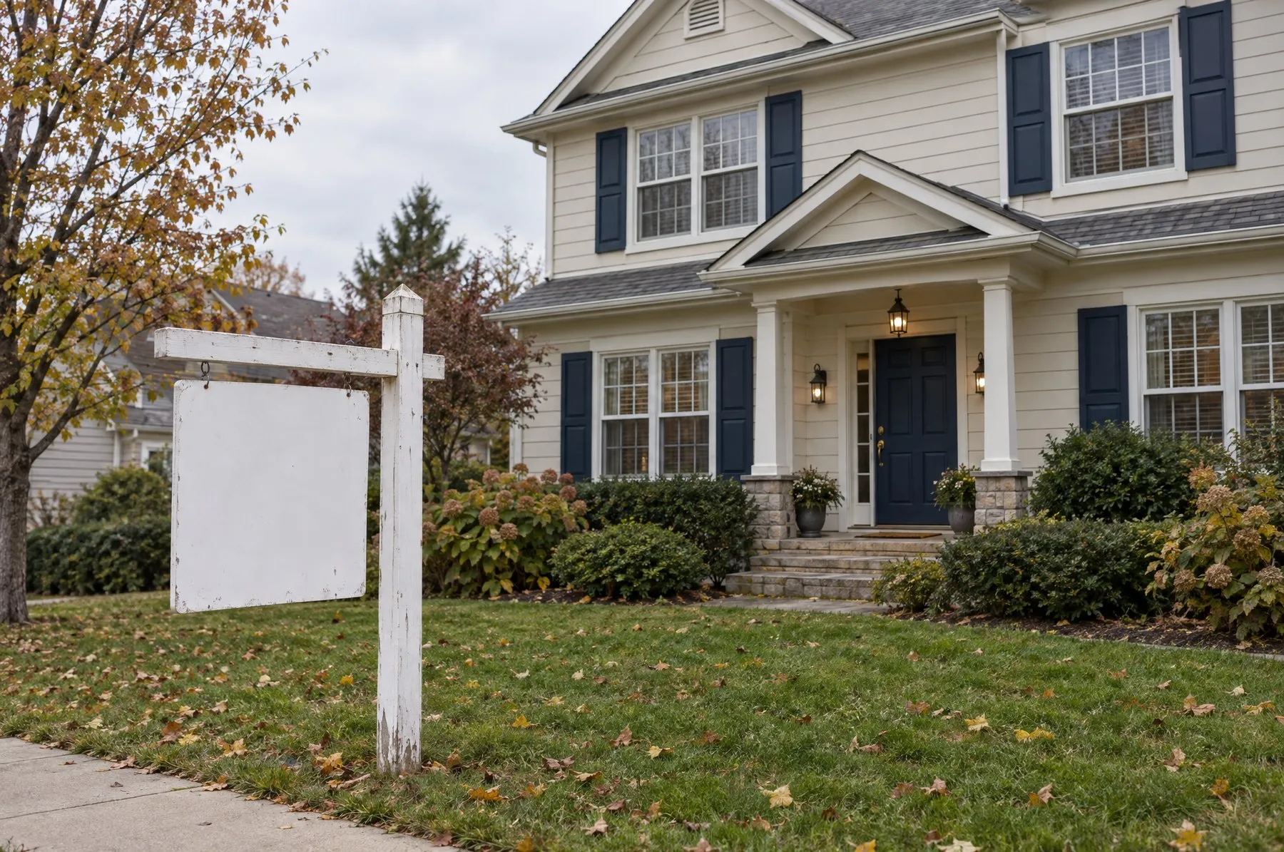 A well-kept home with a blank real estate sign still standing in the front yard