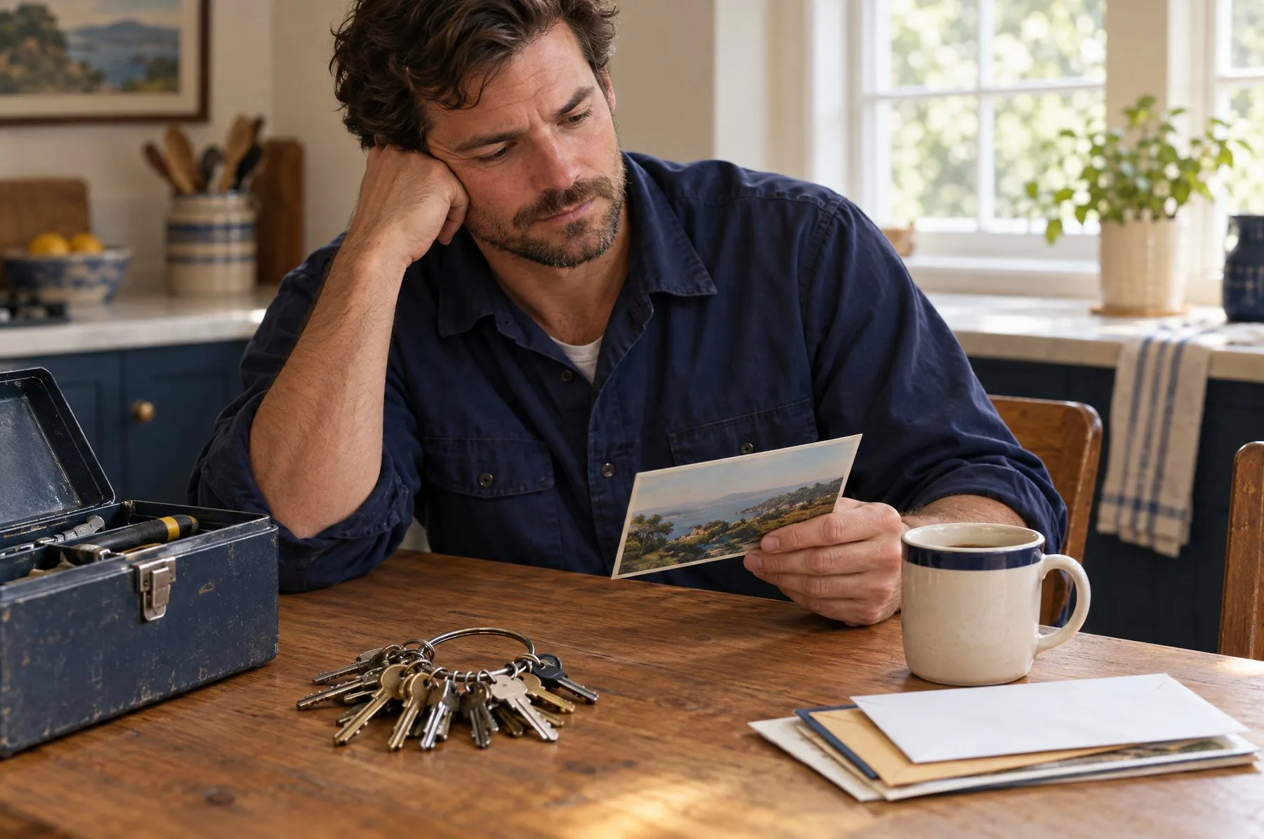 A property owner at a kitchen table with a ring of keys and a toolbox, reading a postcard