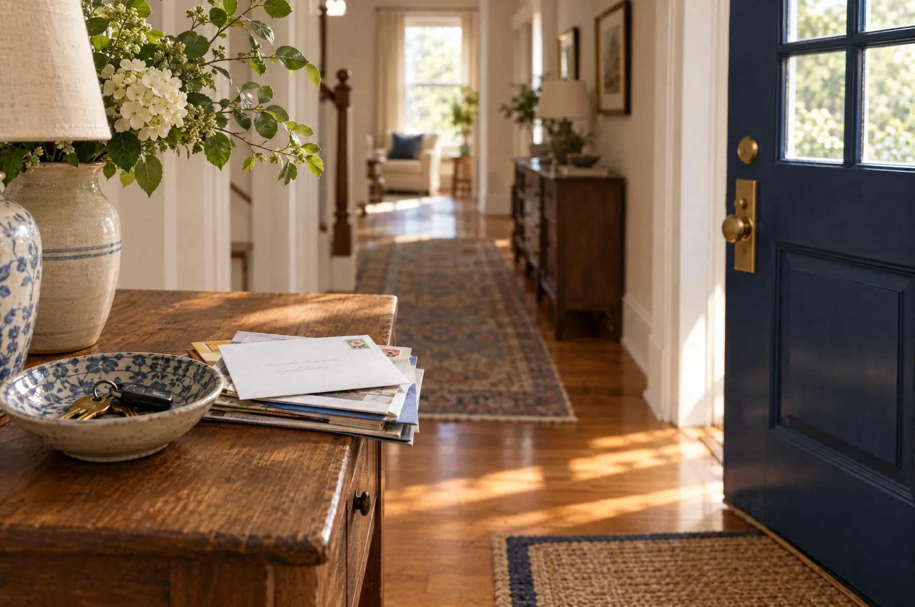 A sunlit entryway table with house keys in a bowl and a white envelope on the day's mail