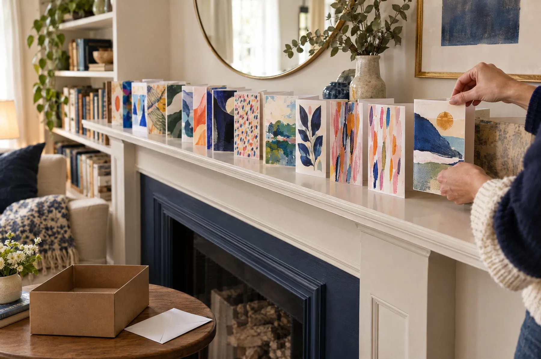 A mantel lined with two years of greeting cards, a hand adding one more to the row