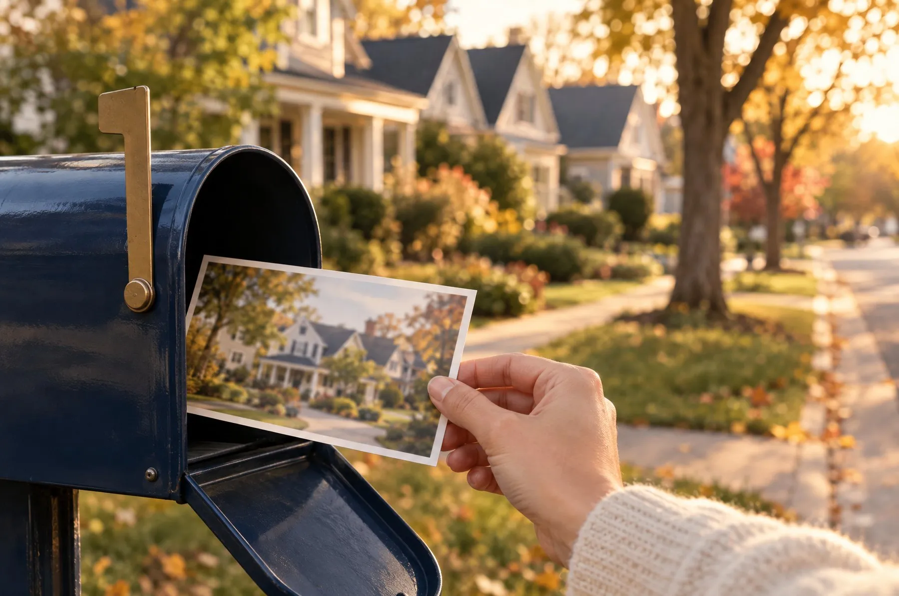 A hand pulling a postcard from a curbside mailbox on a tree-lined street