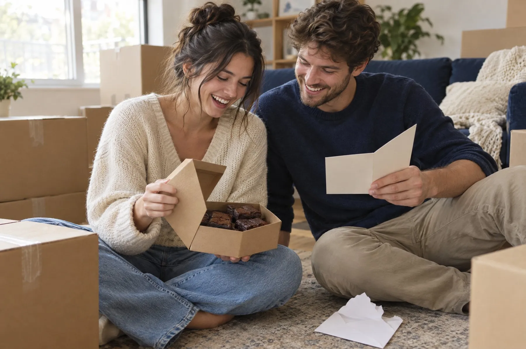 New homeowners among moving boxes opening a plain kraft box of brownies and a greeting card