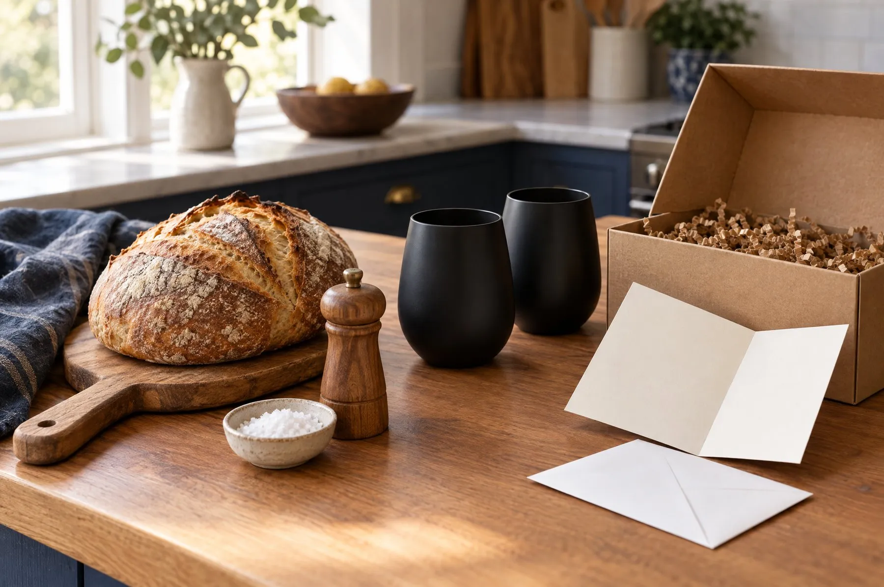 A loaf of bread on a wooden paddle, a dish of salt, and two black tumblers beside an open kraft gift box