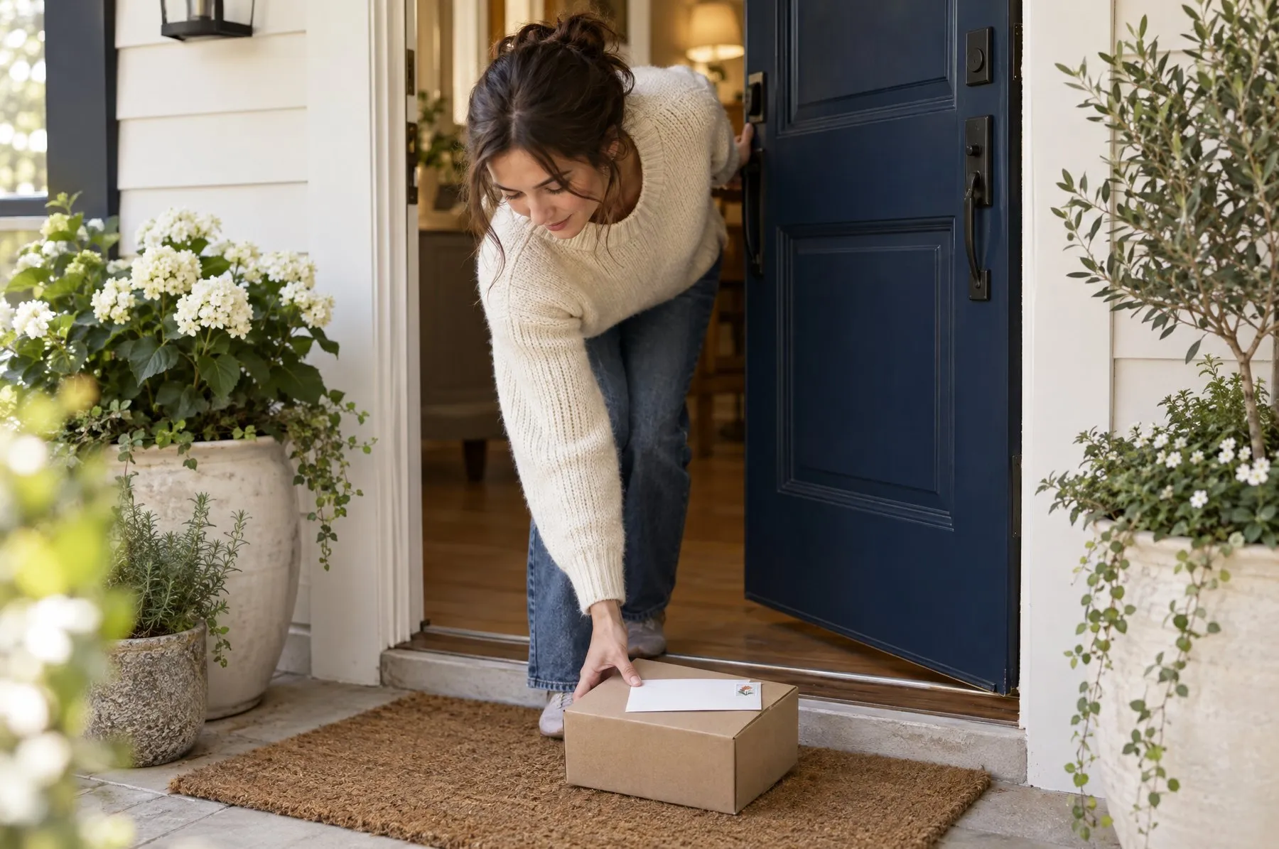 A homeowner picking up a small kraft box and a white envelope from the doormat