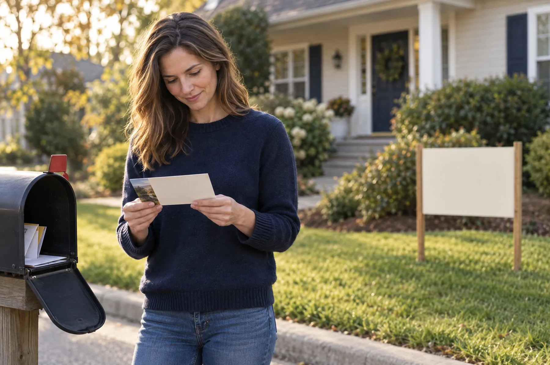 A homeowner at their curbside mailbox reading a postcard, a handmade yard sign behind them
