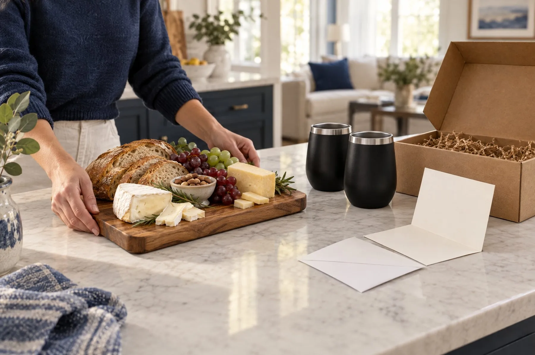 A homeowner's hands arranging a serving board beside two black tumblers and an open kraft gift box