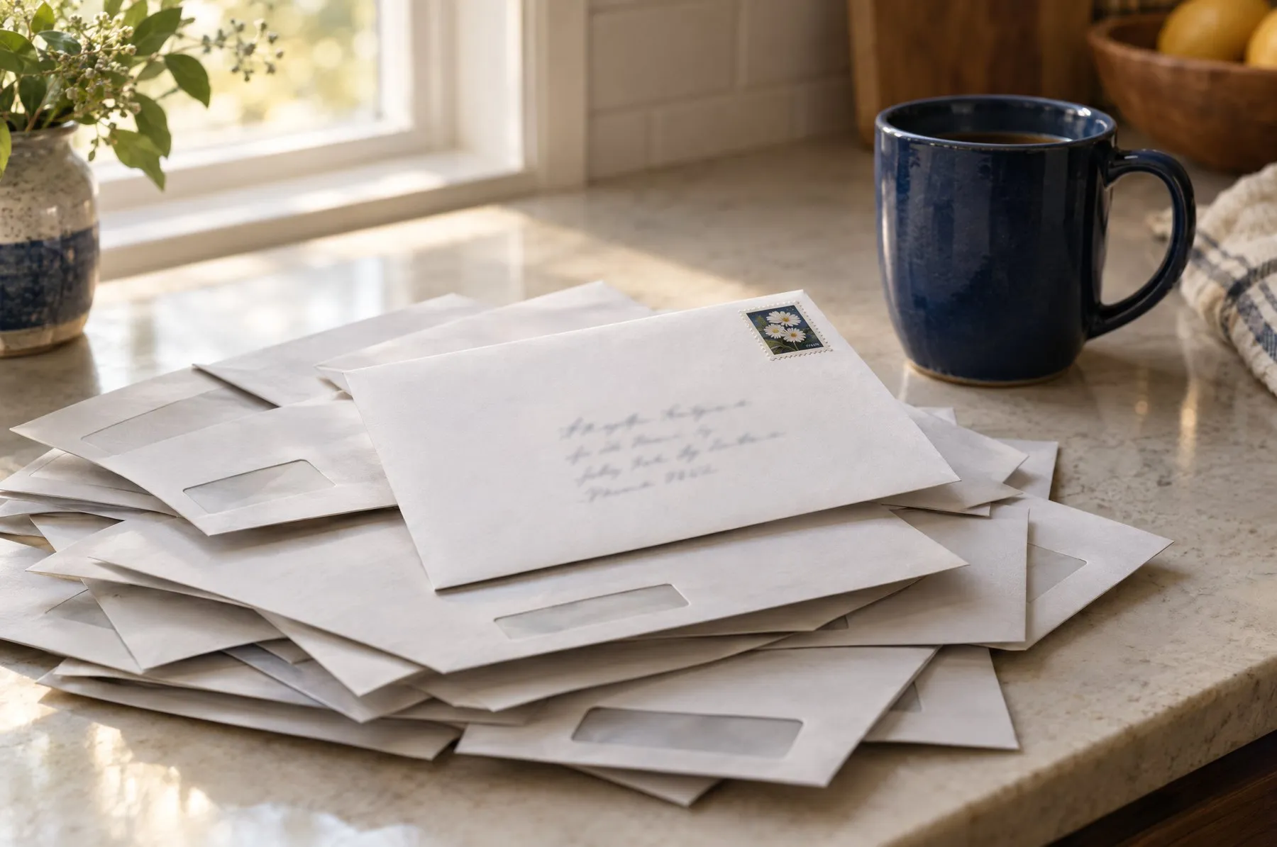 A single white hand-addressed envelope resting on a pile of plain business envelopes