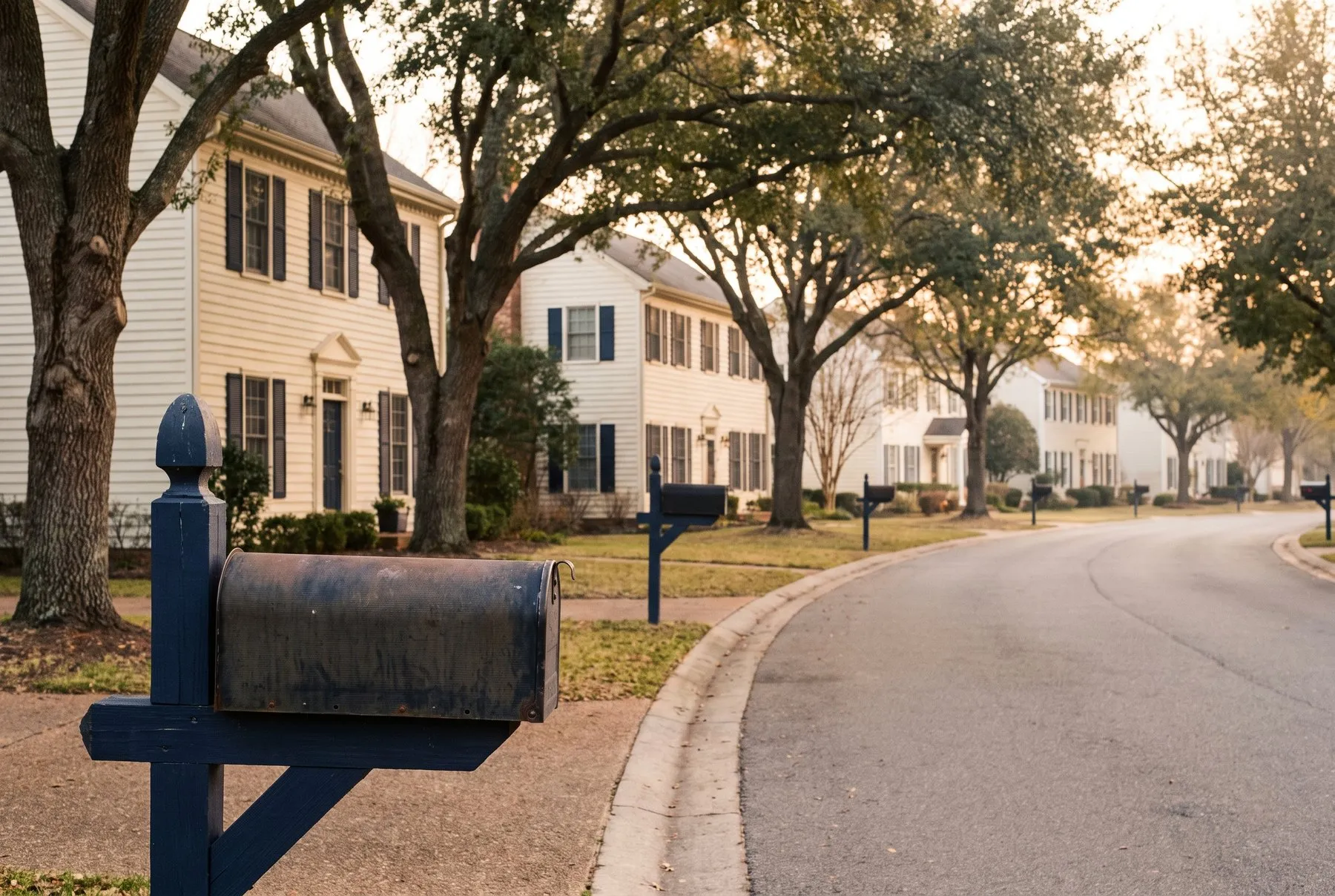 A quiet tree-lined street with a mailbox in front of every home