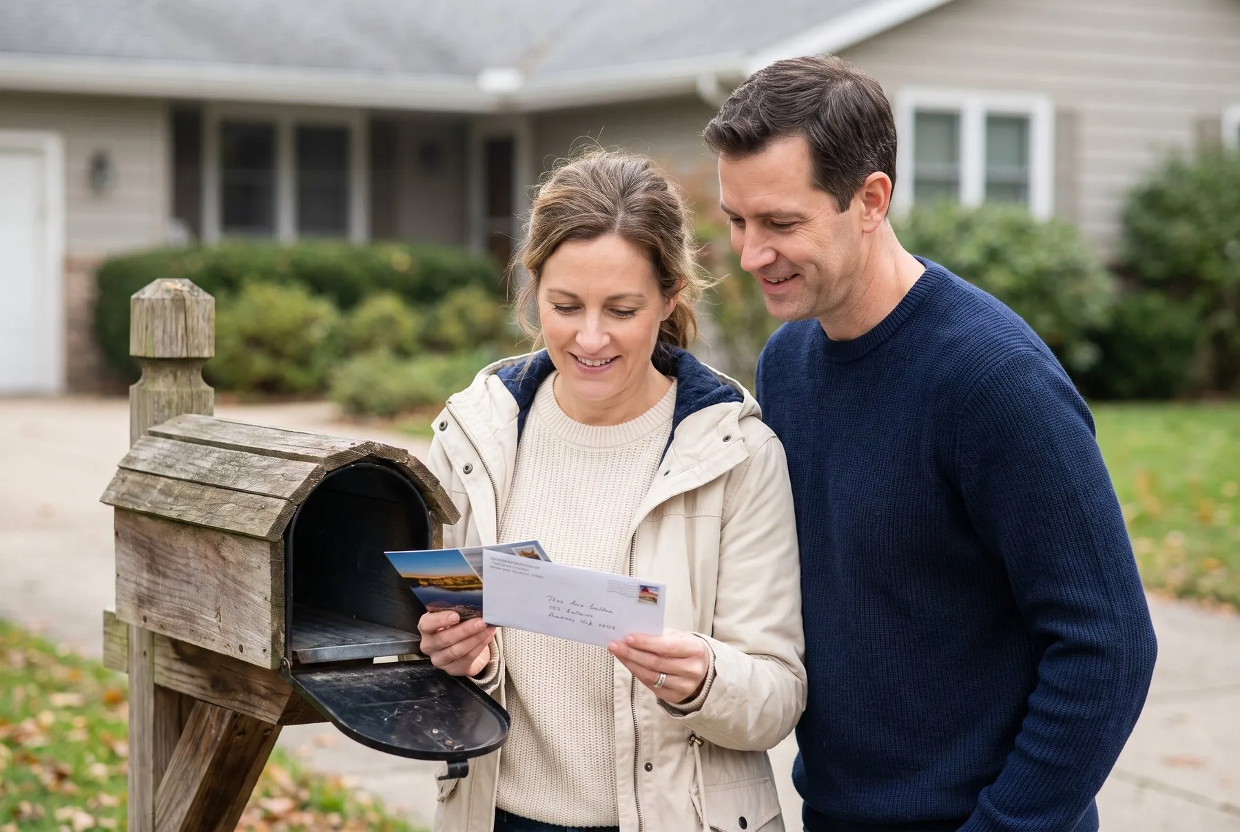 A couple at their curbside mailbox looking at a postcard and a white greeting card envelope