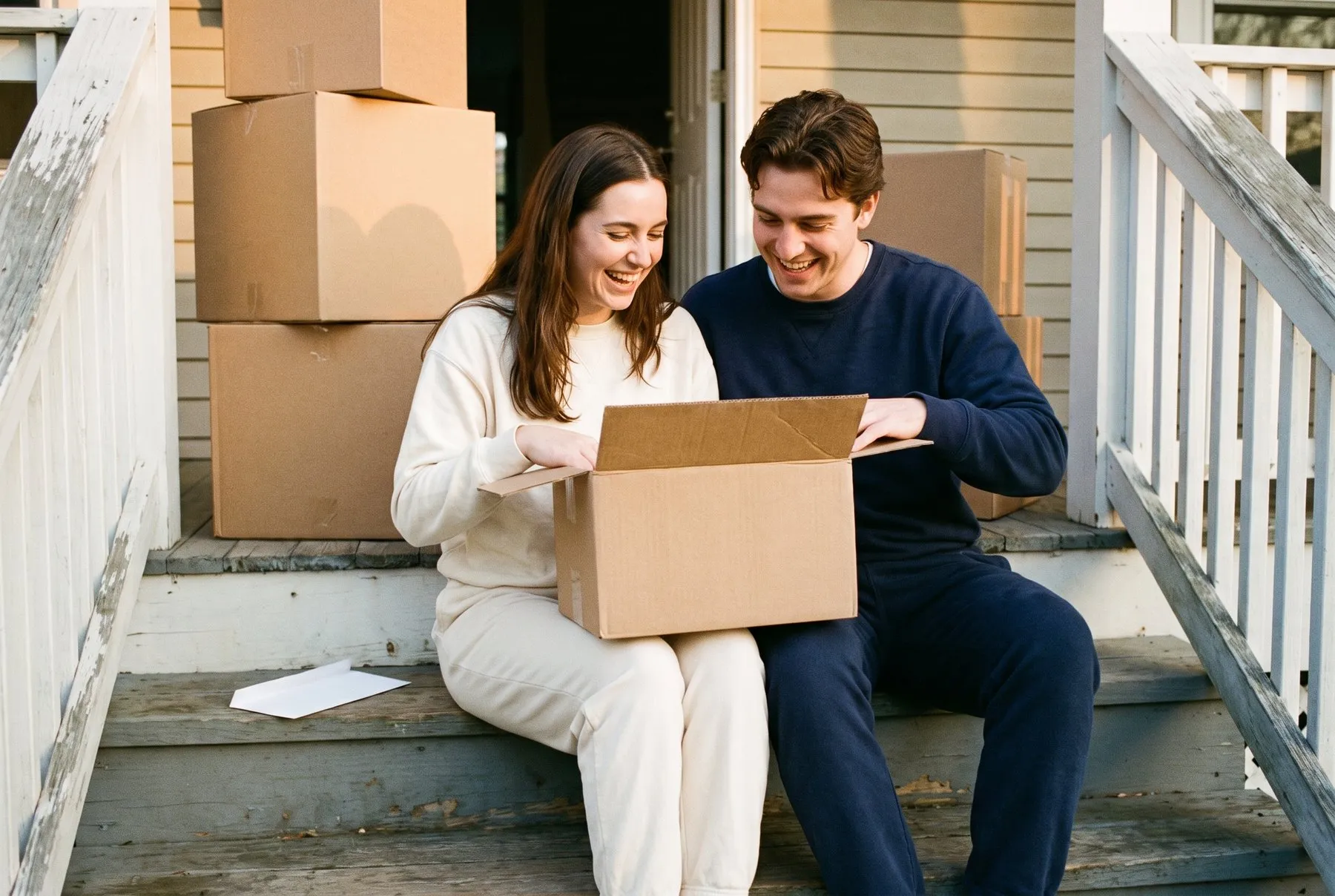 New homeowners on their front porch steps opening a plain kraft gift box