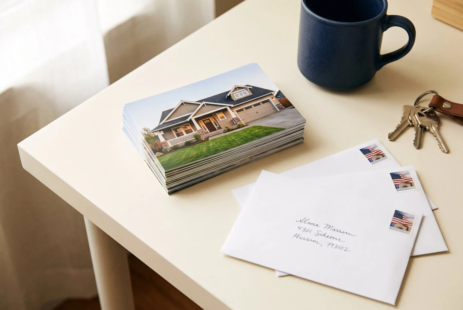 A stack of postcards and stamped white envelopes on a desk, ready to mail
