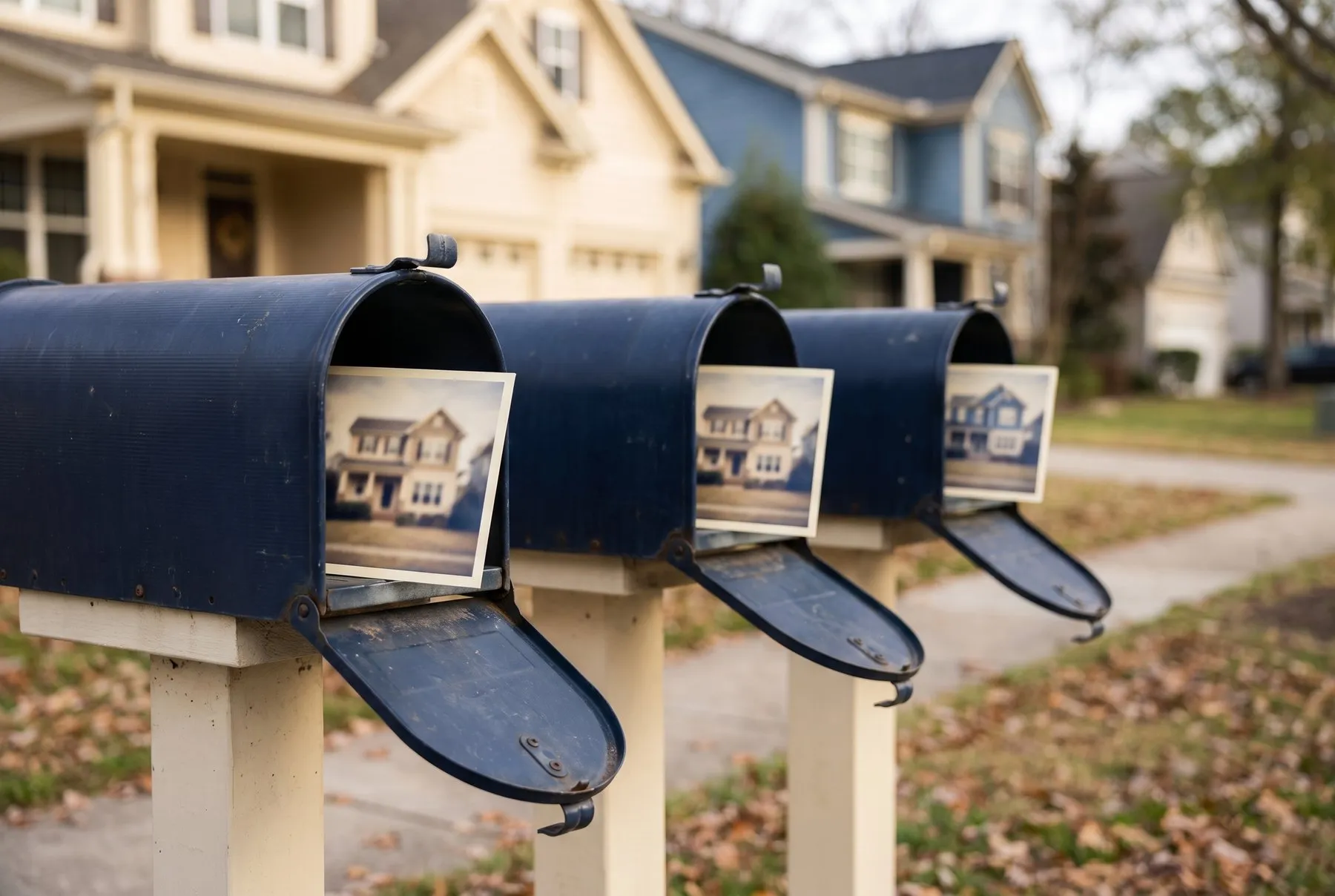 Three neighboring mailboxes, each with the same postcard inside