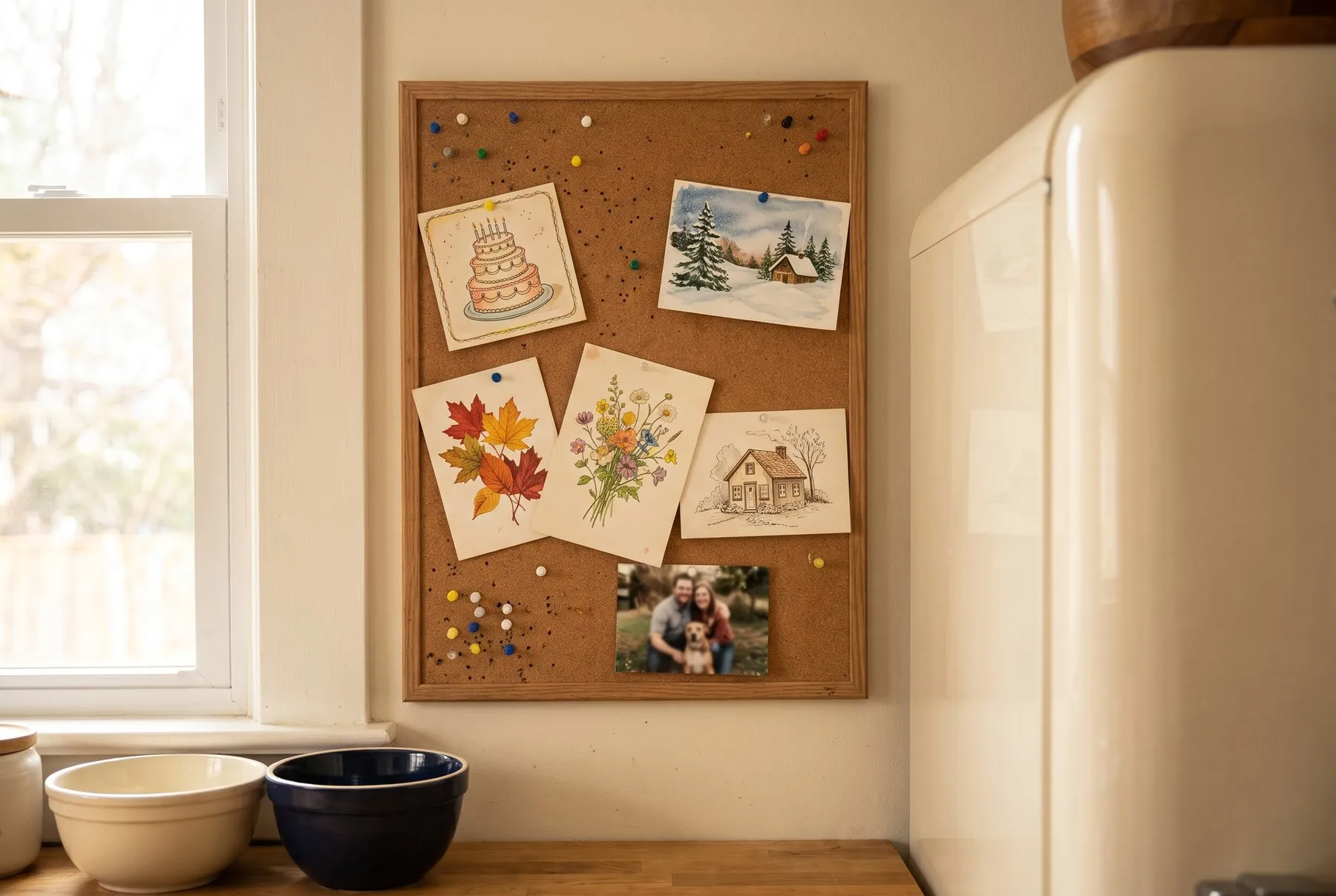 A kitchen pinboard covered in saved greeting cards from different seasons