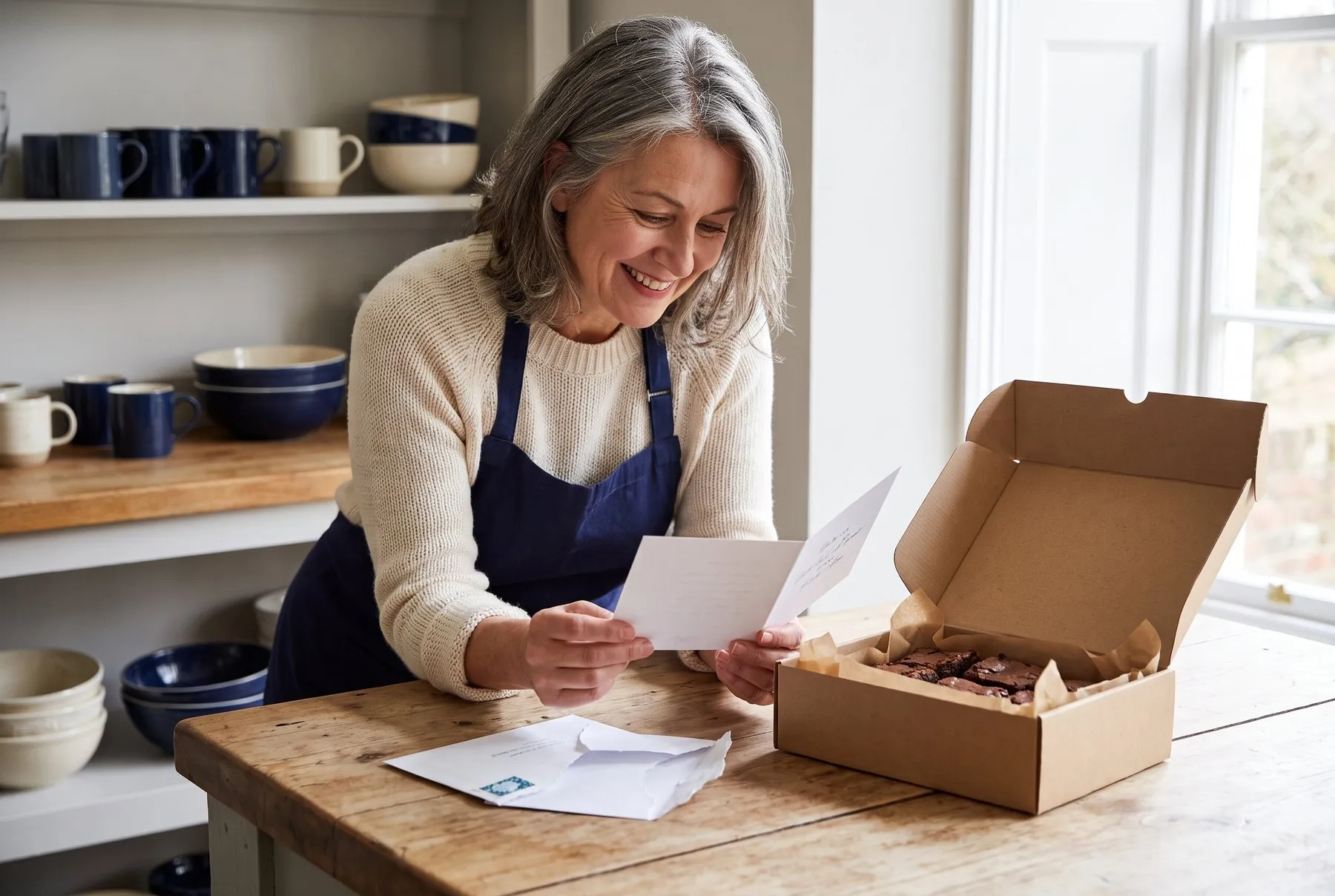 A woman at her kitchen island reading a greeting card beside an open kraft gift box of brownies