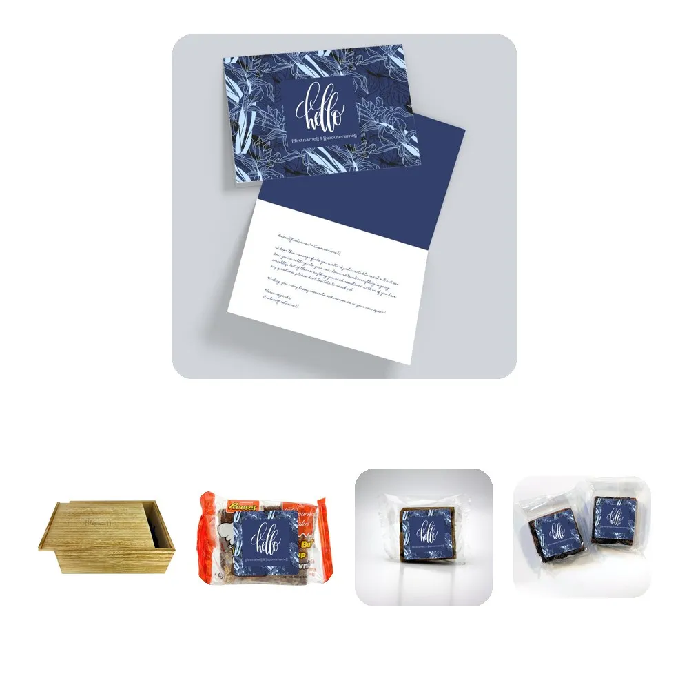 Touch 10: Card, engraved wood box large, peanut butter cup brownie x2, blondie brownie x2, and 2-pack brownies, Month 9